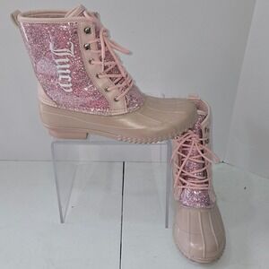 Juicy Couture Pink Glitter Duck Boot Women 10 Lace Up Faux Fur Lined Winter Rain